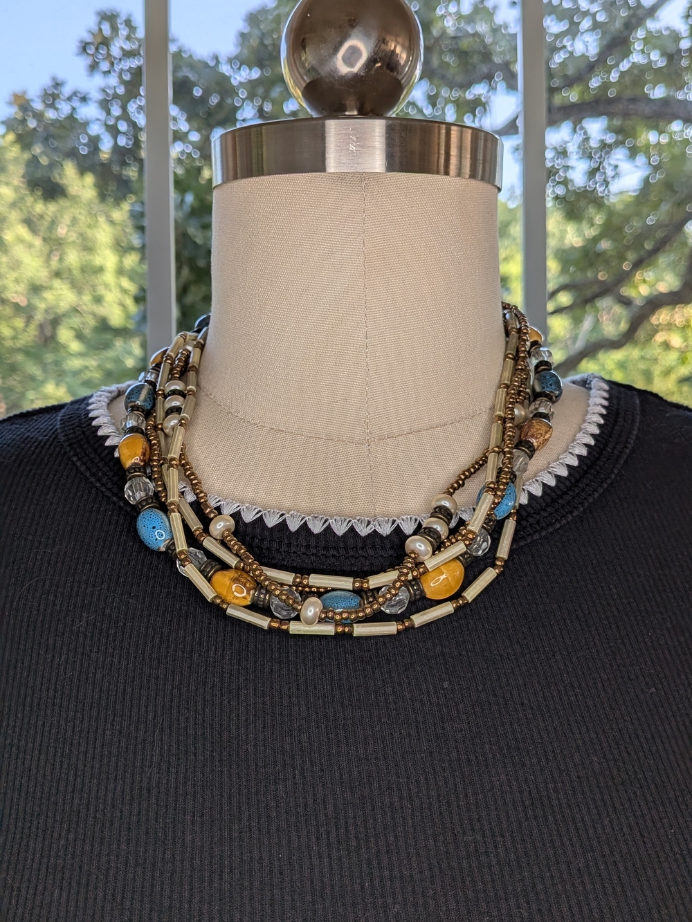 Premier Designs Multi Strand Bead Necklace Antique Brass Turquoise Amber Pearl